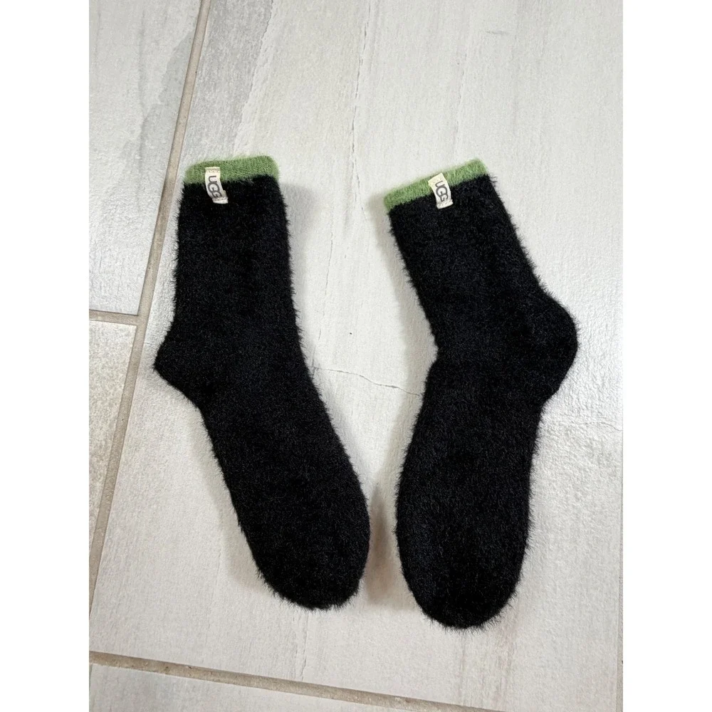 UGG Black Fuzzy Crew Socks with Green Trim Cozy Chenille Knit Loungewear